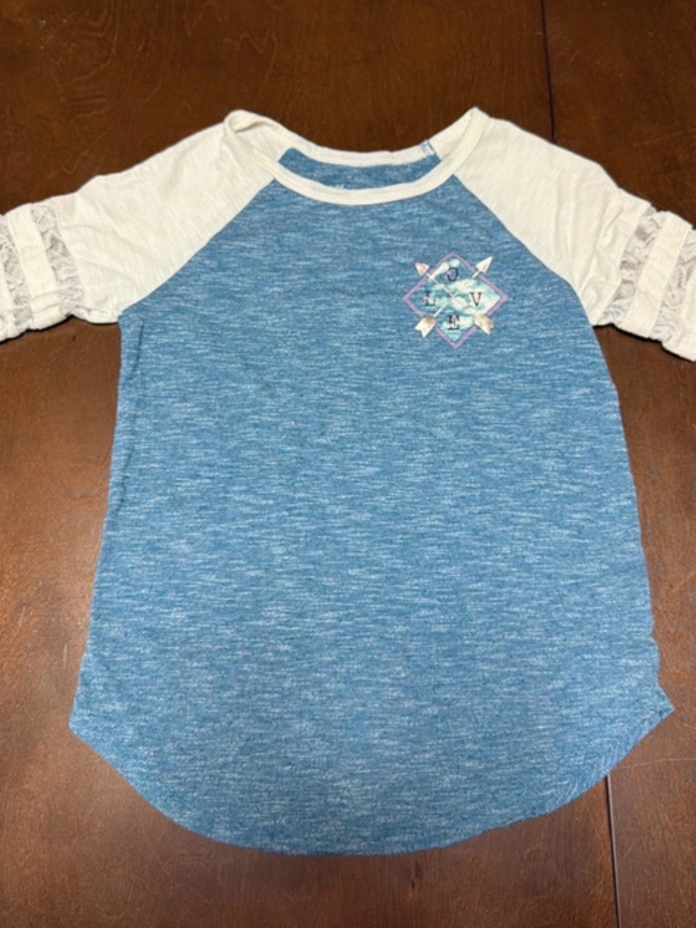 Mudd Blue Raglan Tee with Cream Lace Sleeves